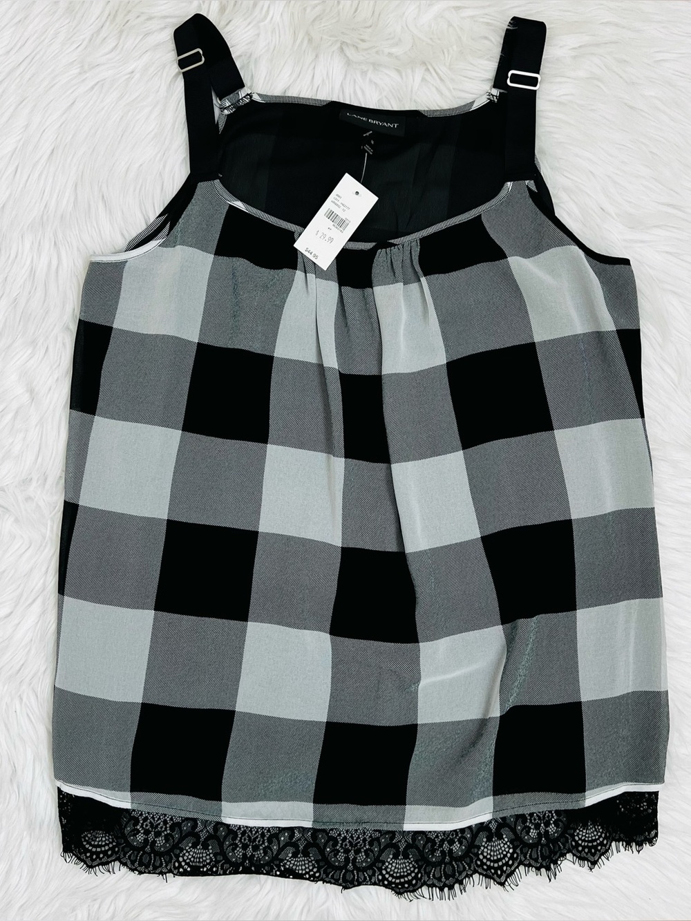 NWT! Lane Bryant Women's Black Checked Sleeveless Top w/Lace Hem Size 16
